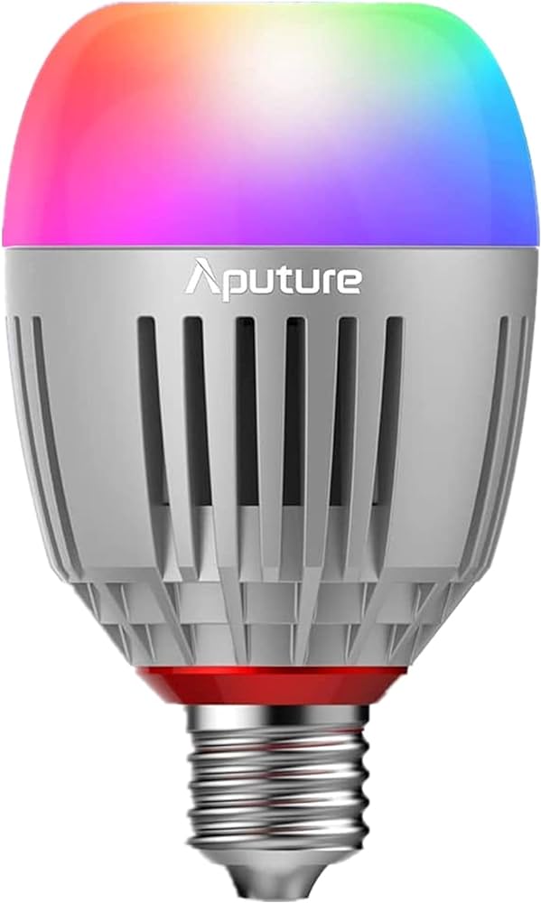 Aputure B7c lightbulb on a white background. The lightbulb is multiclored, representing the multiple color options of the bulb.