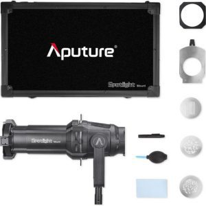 A photo of a Aputure Spotlight Mount 36 set, on a white background. The picture includes all elements included.